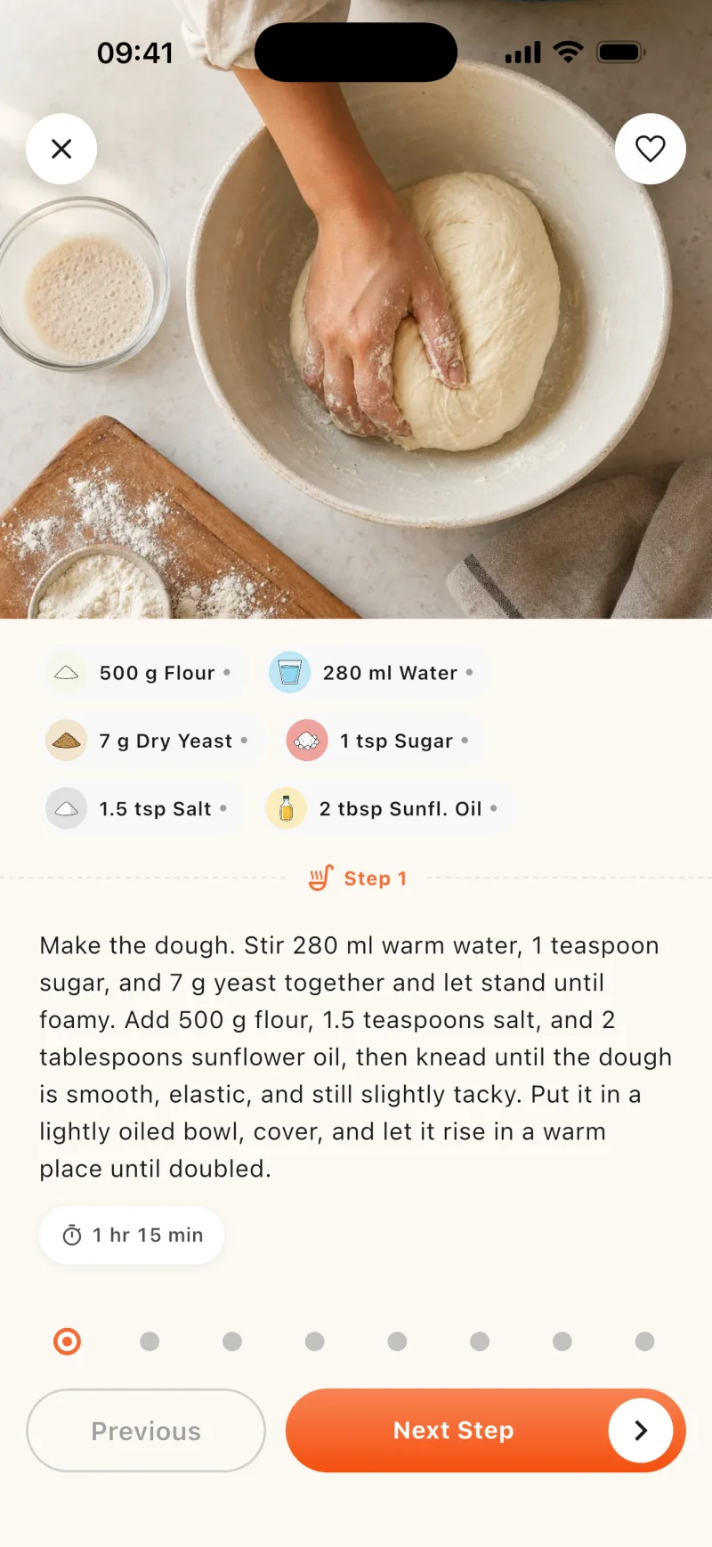 Step 1: kneading the dough — ingredient chips and a timer for 1 hour 15 minutes
