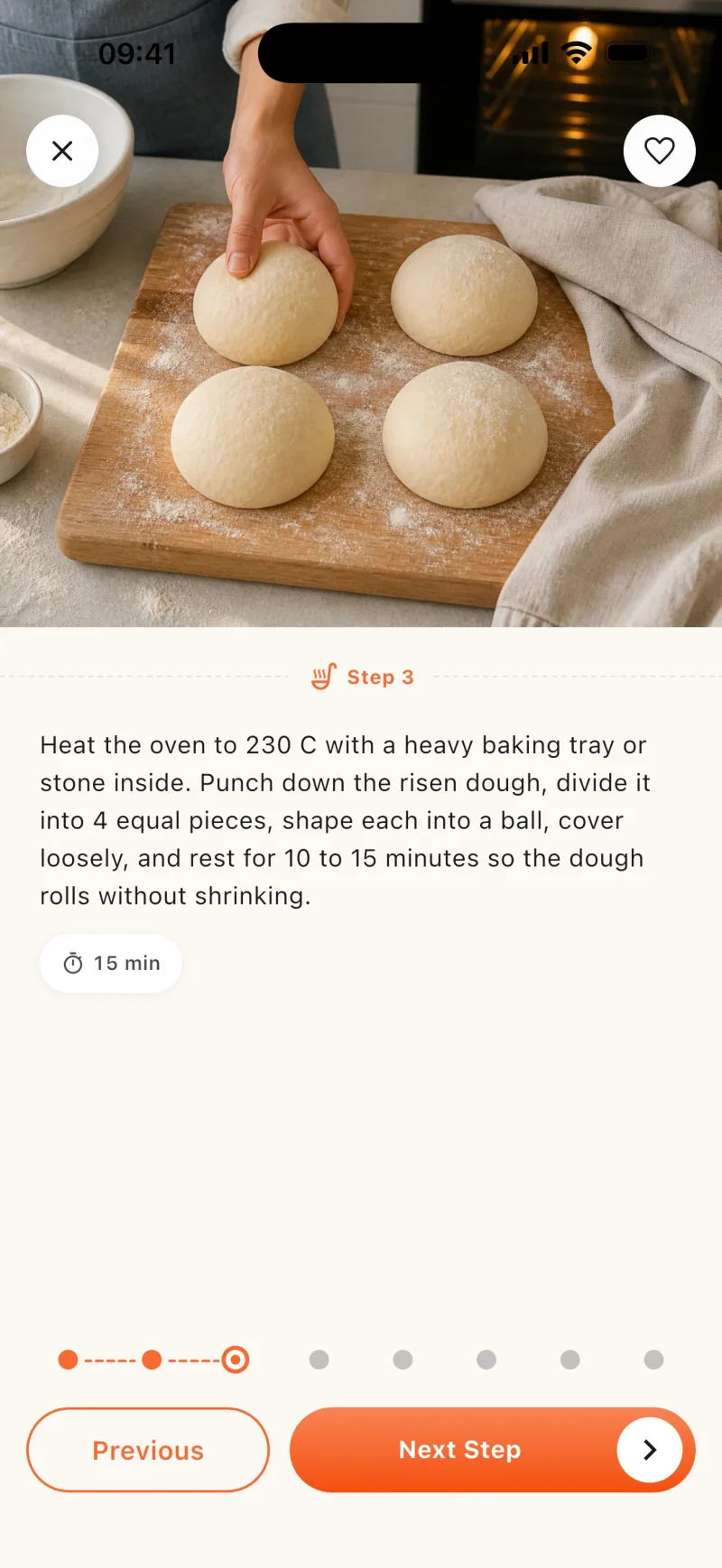 Step 3: oven at 230 degrees, dough divided into four balls — a timer for 15 minutes