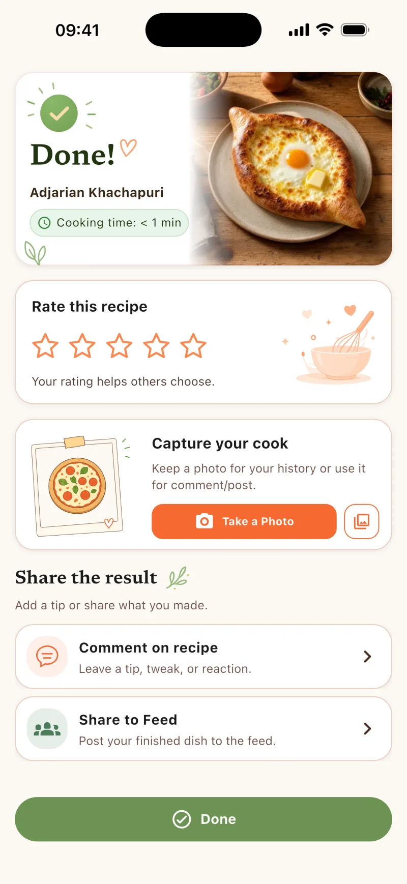 Finish screen: Done — Adjarian khachapuri, cook time under 1 minute, rating stars and photo sharing